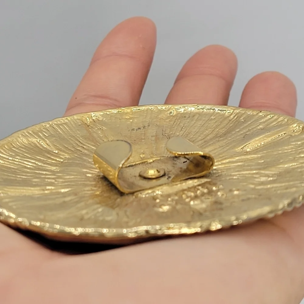 Vintage Signed PEARL 1990  Belt Buckle Round Gold Metal  Enamel